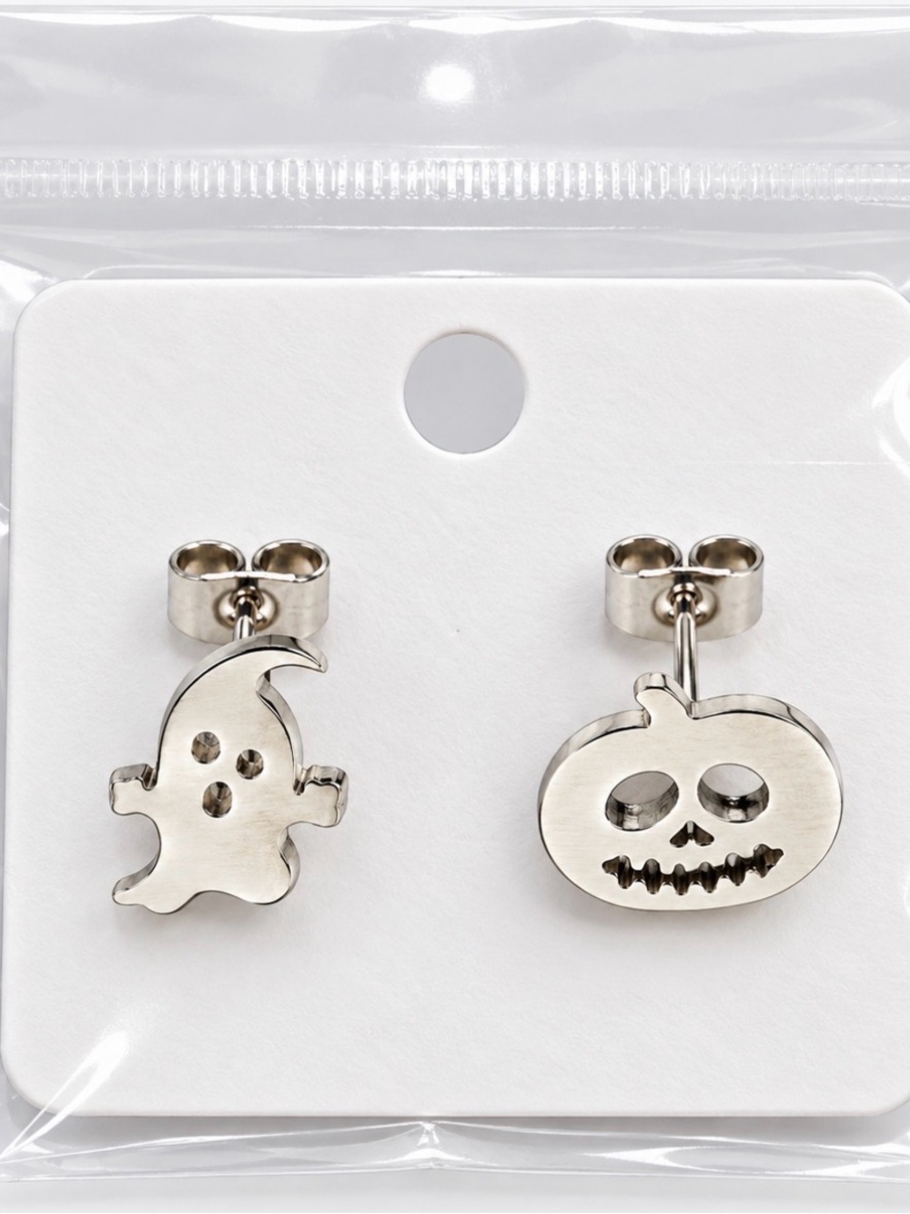 Silver Halloween Ghost & Pumpkin Stud Earrings - Festive Stainless Look